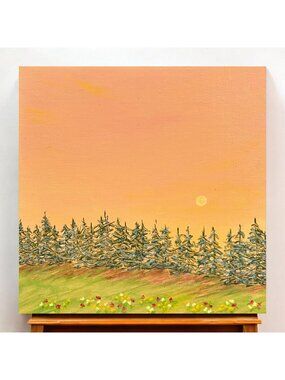 A Day Ends 6" x 6" Acrylic Painting Forest Sunset Landscape Original Wall Art